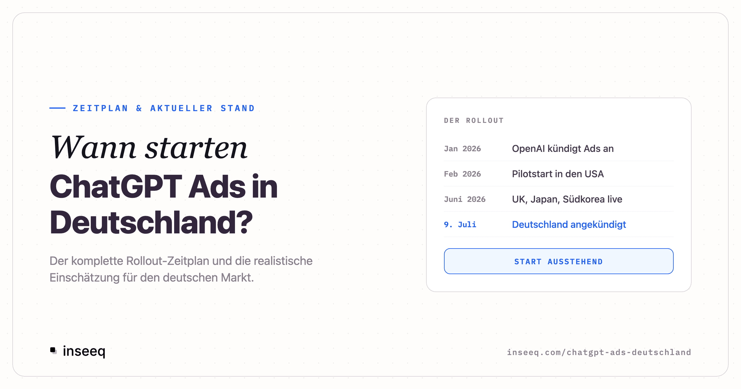 Grafik zum Start von ChatGPT Ads in Deutschland: Rollout-Zeitplan von der Ankündigung im Januar 2026 bis zur Deutschland-Ankündigung am 9. Juli, Status: Start ausstehend