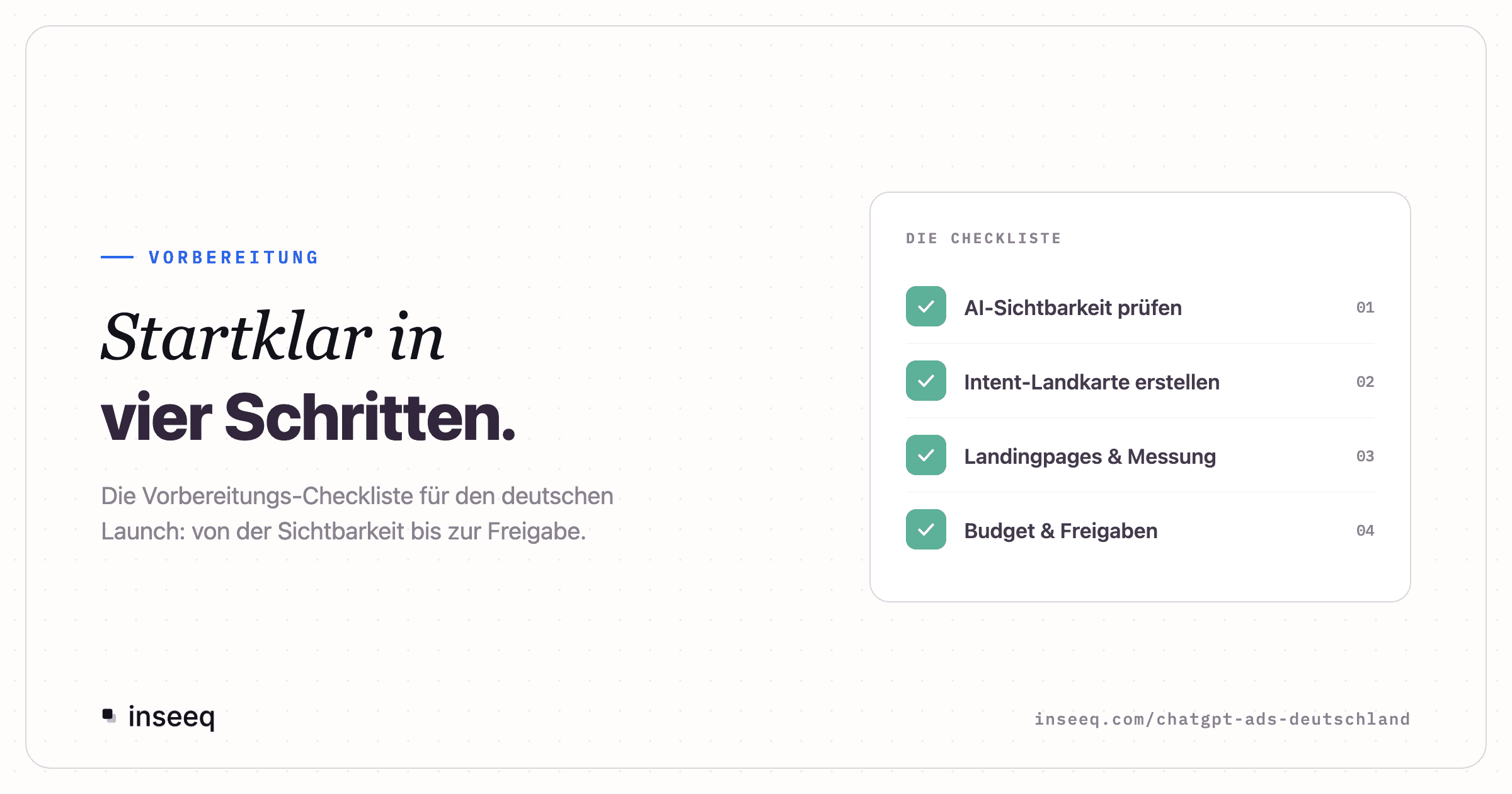 Grafik zur ChatGPT Ads Vorbereitung: Checkliste mit vier Schritten, AI-Sichtbarkeit prüfen, Intent-Landkarte erstellen, Landingpages und Messung, Budget und Freigaben