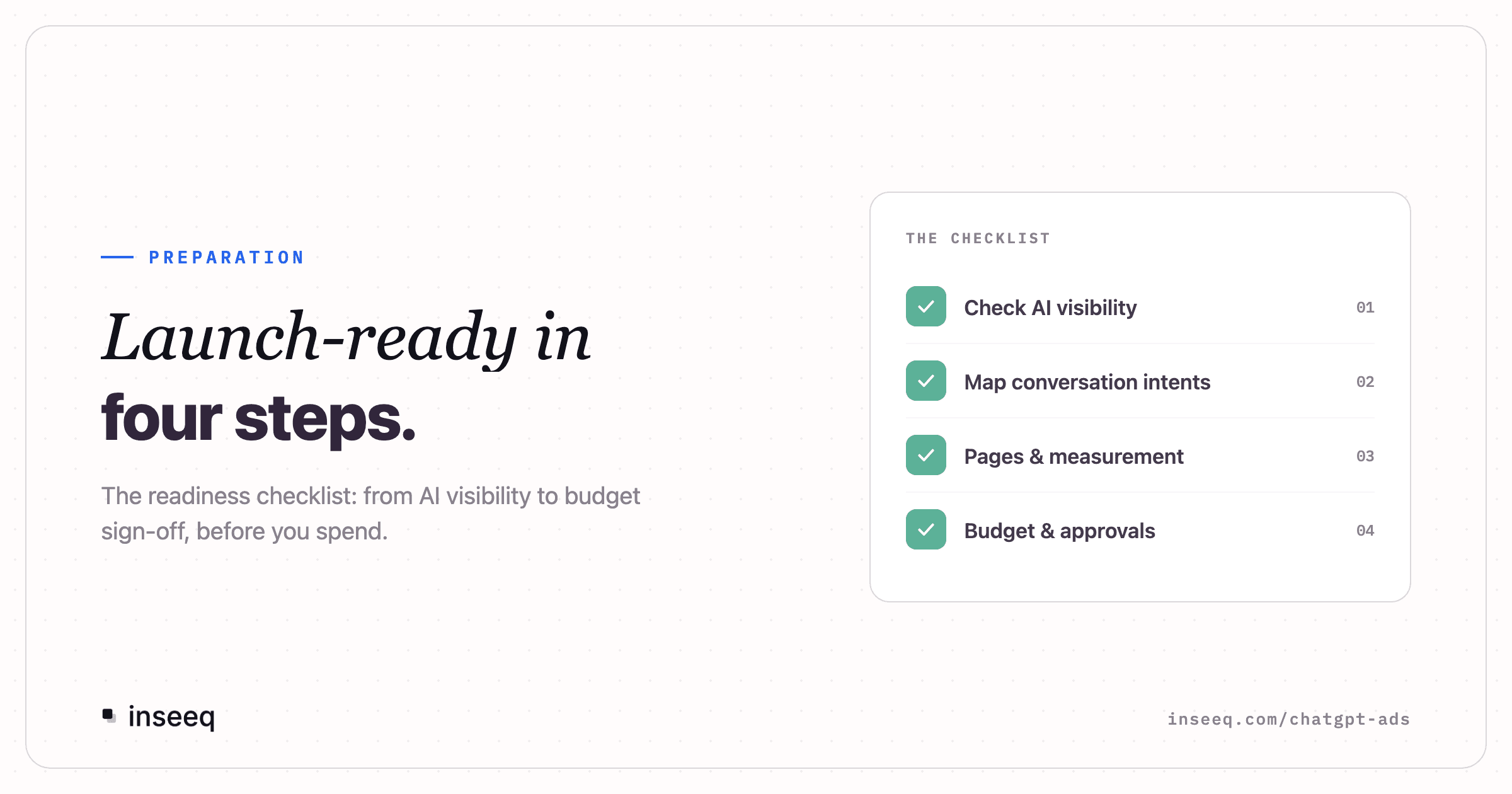 Graphic on preparing for ChatGPT ads: four-step checklist covering AI visibility, conversation intents, landing pages and measurement, budget and approvals