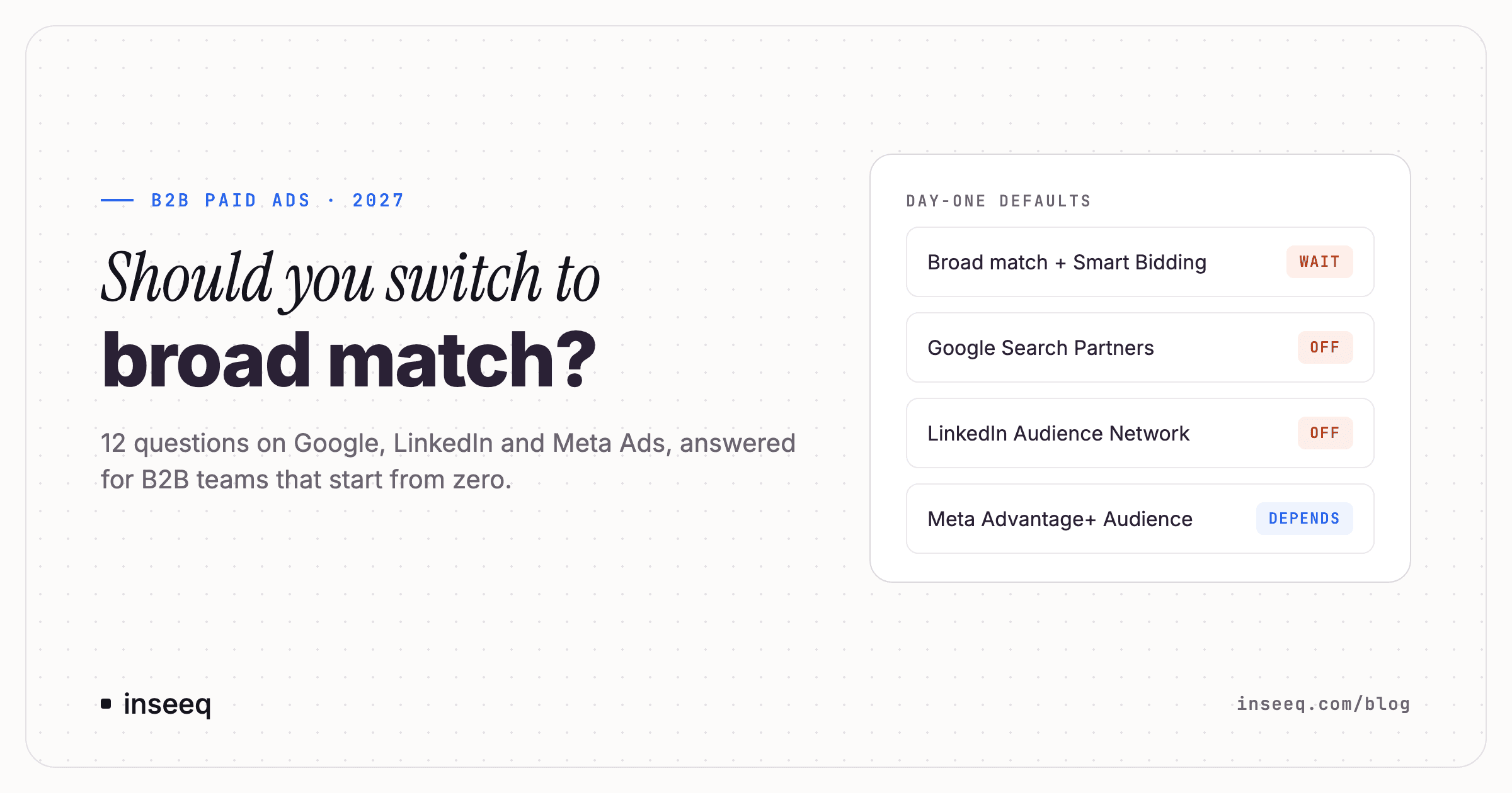 B2B paid ads day-one defaults: broad match with Smart Bidding wait, Google Search Partners off, LinkedIn Audience Network off, Meta Advantage+ Audience depends