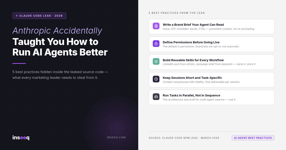 5 AI agent marketing best practices revealed by the Claude Code source leak — checklist graphic by inseeq